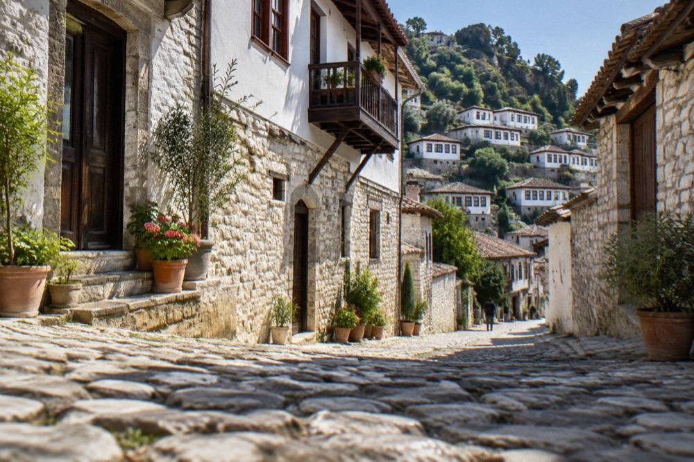 A cobblestone lane of stone houses in Gorica quarter with potted plants beside the doorways