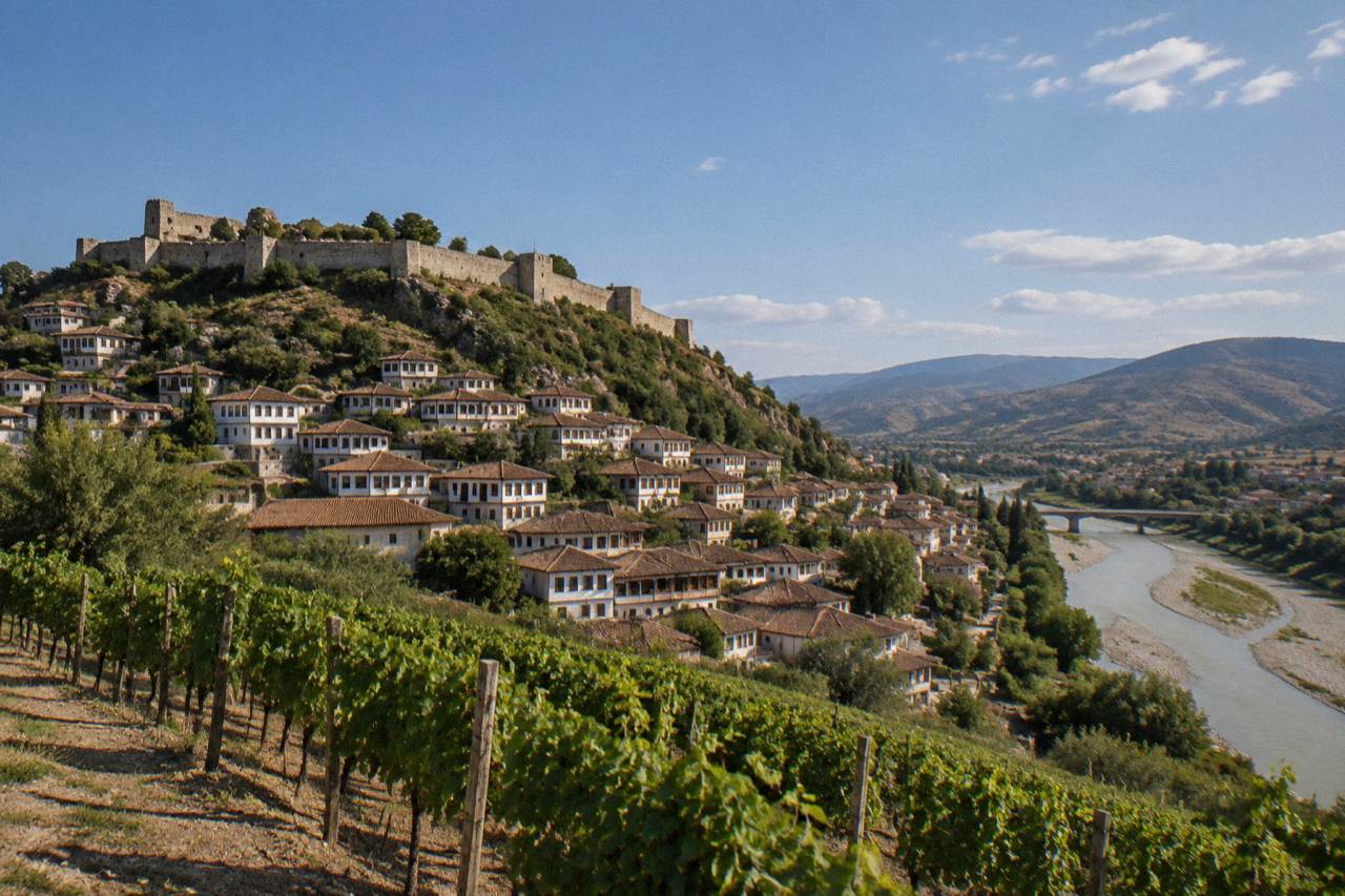 Vineyard rows on a hillside above the Ottoman rooftops of Berat in central Albania