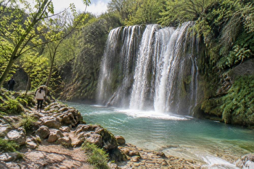 A waterfall flowing strongly over mossy rock in spring with full green foliage around it