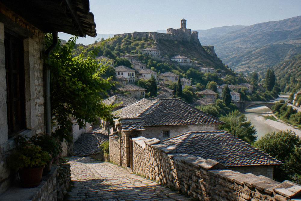 Stone houses with grey slate roofs climbing a steep hillside under a clear sky