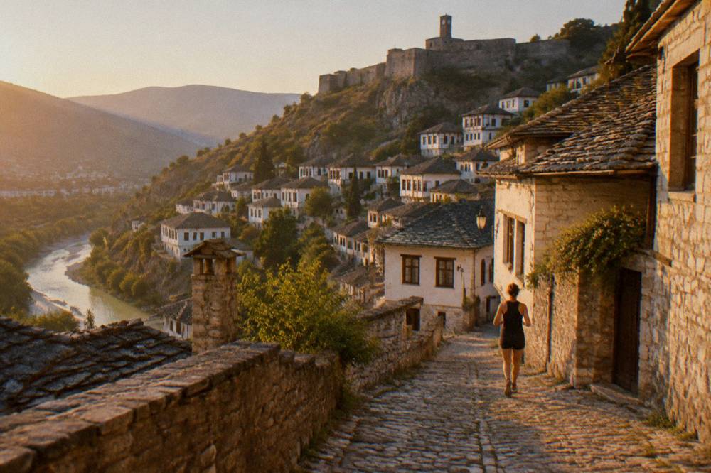 White Ottoman houses stacked on a hillside above a river
