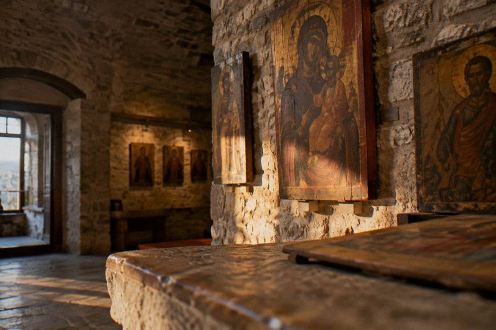A museum interior with historic icons displayed on stone walls