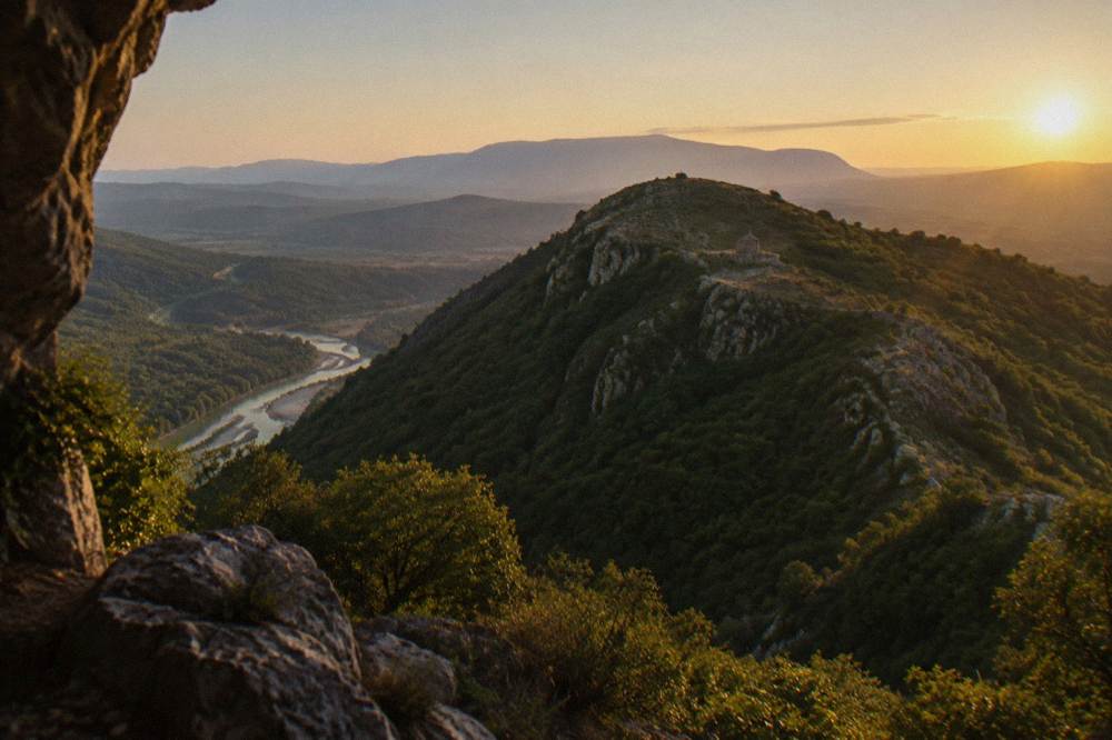 The forested ridge of Mount Tomorr rising above the Osum valley near Berat in central Albania