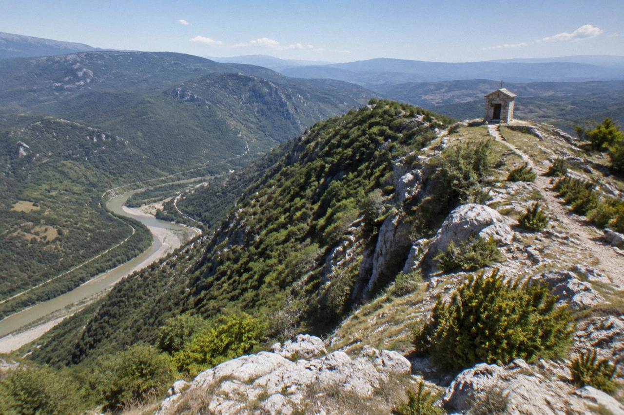 The forested ridge of Mount Tomorr rising above the Osum valley near Berat in central Albania