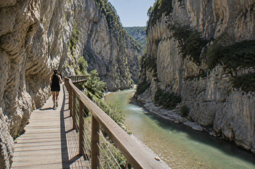 Tall pale canyon walls rising above a bend of green river with small trees clinging to ledges