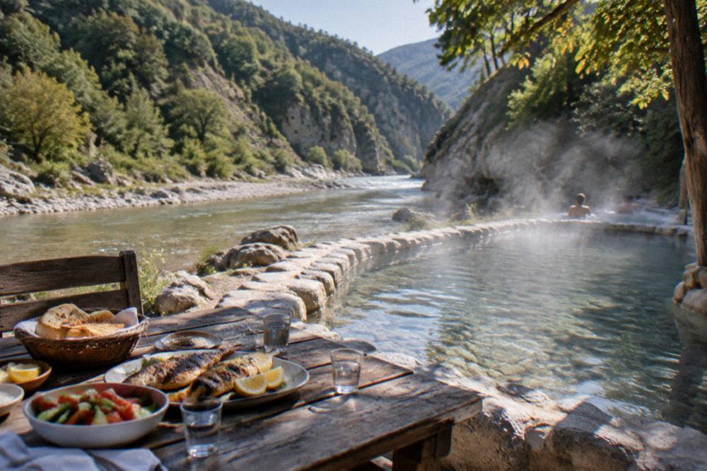 Riverside table set for lunch with grilled fish, salad, bread, and small glasses of raki