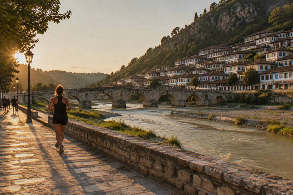Level riverside promenade in Berat with the Gorica Bridge crossing the Osum in the distance