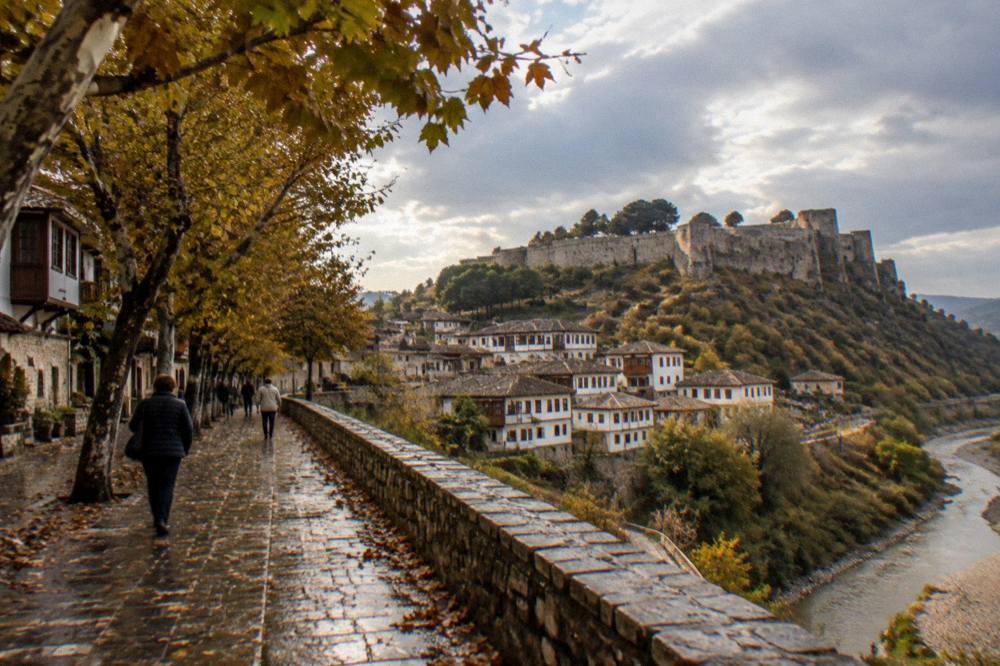 Plane-tree-lined street in Berat in soft autumn light with wet paving stones after rain