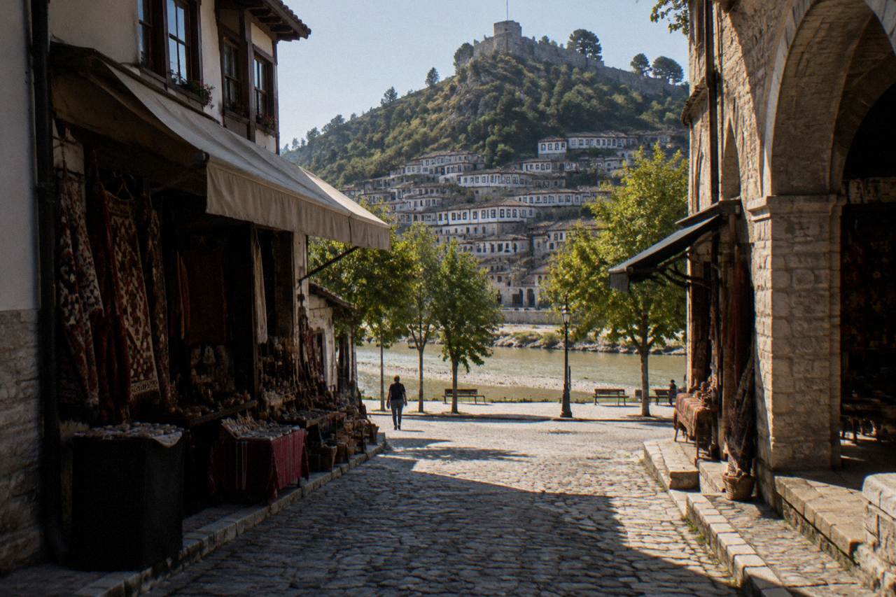 Flat tree-lined promenade in the new town of Berat with the Ottoman old town rising across the river