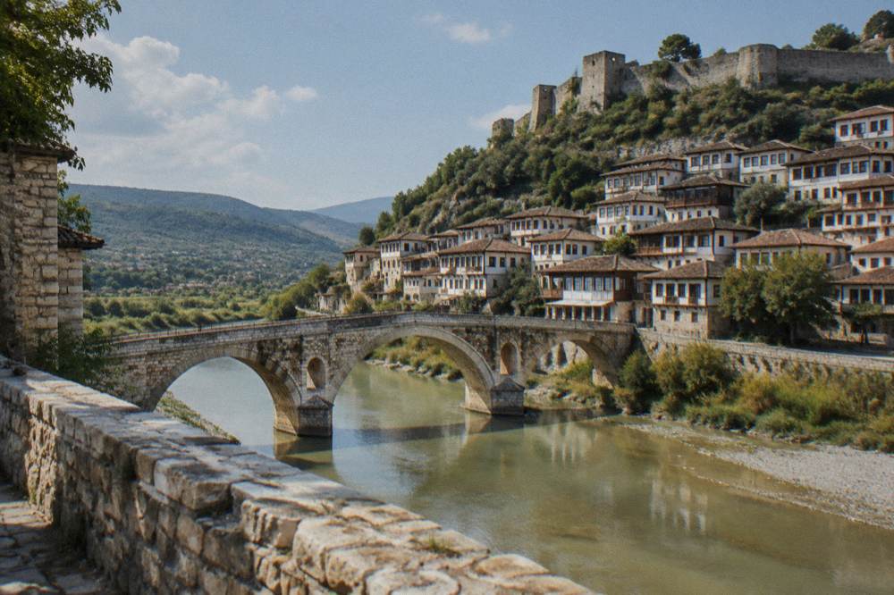 A historic stone bridge arching over a wide green river with white Ottoman houses stacked on the hillside behind it