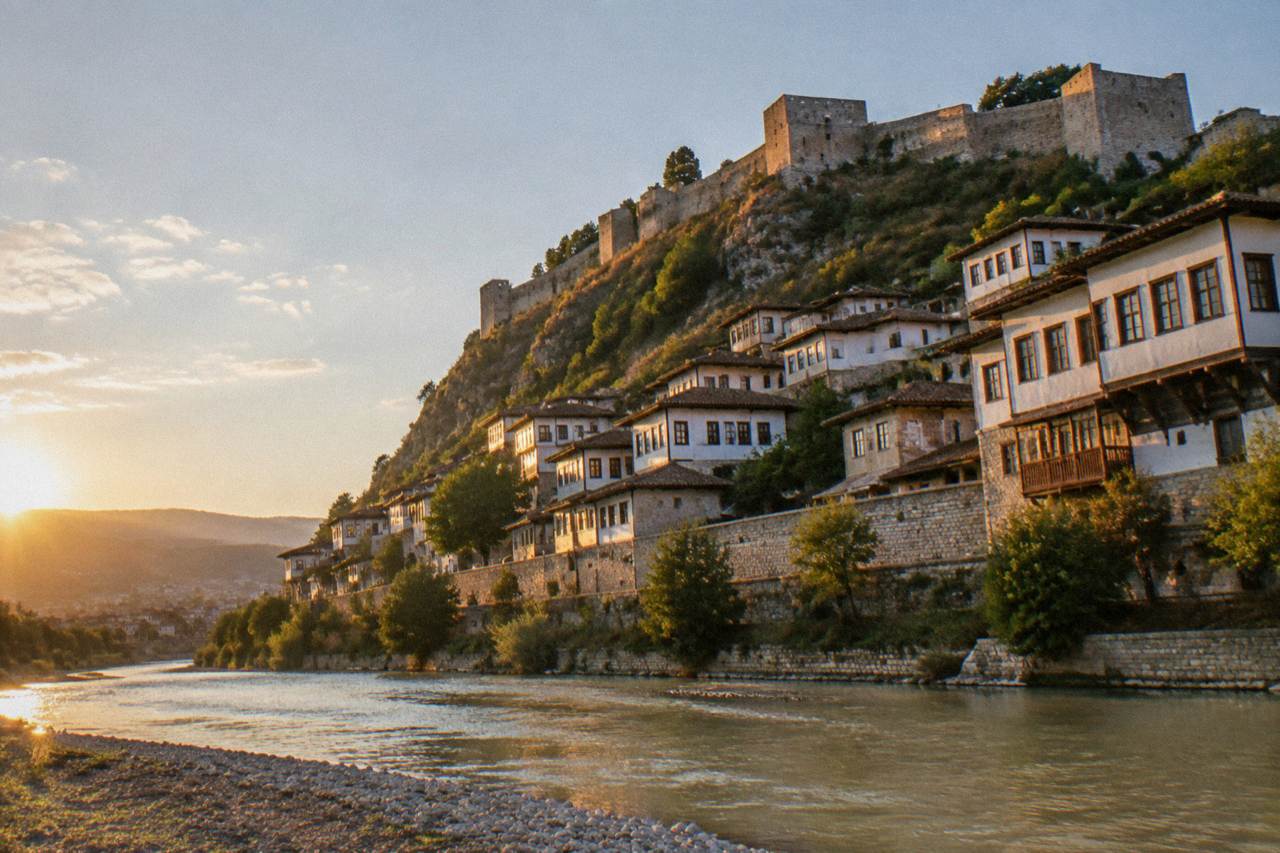 White Ottoman houses stacked on a hillside above a river in Berat, Albania