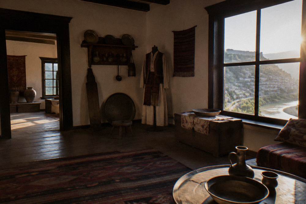 Interior of a restored museum with traditional household objects on display in Berat