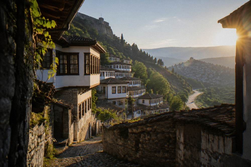 A country road in central Albania winding through green hills toward a distant stone town
