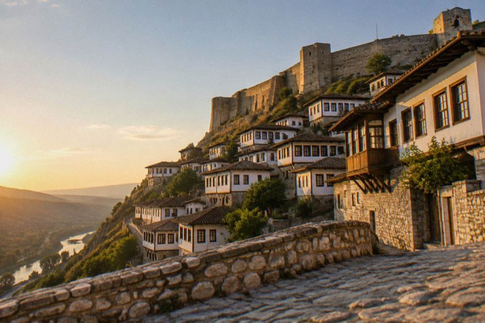 White-walled Ottoman houses of Mangalem stacked up a hillside below the stone walls of Berat Castle