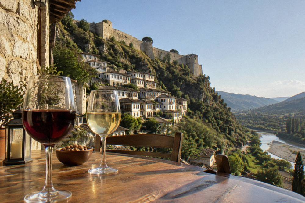 Glasses of red and white Albanian wine on a wooden table in a stone-walled Berat bar