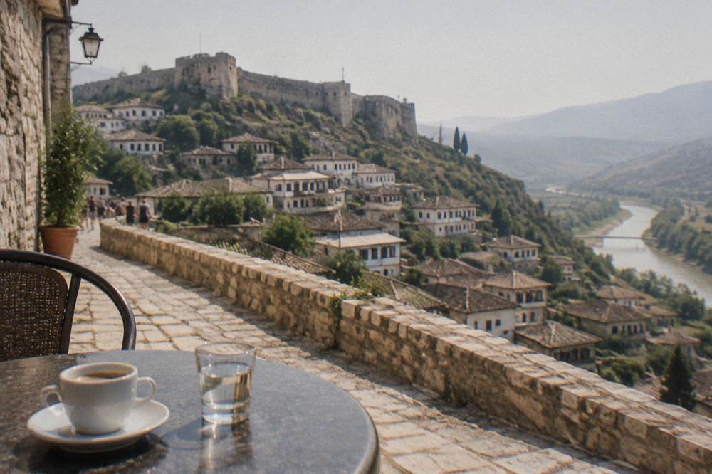 Espresso cup and small glass of raki on a café table beside a stone street in Berat, Albania