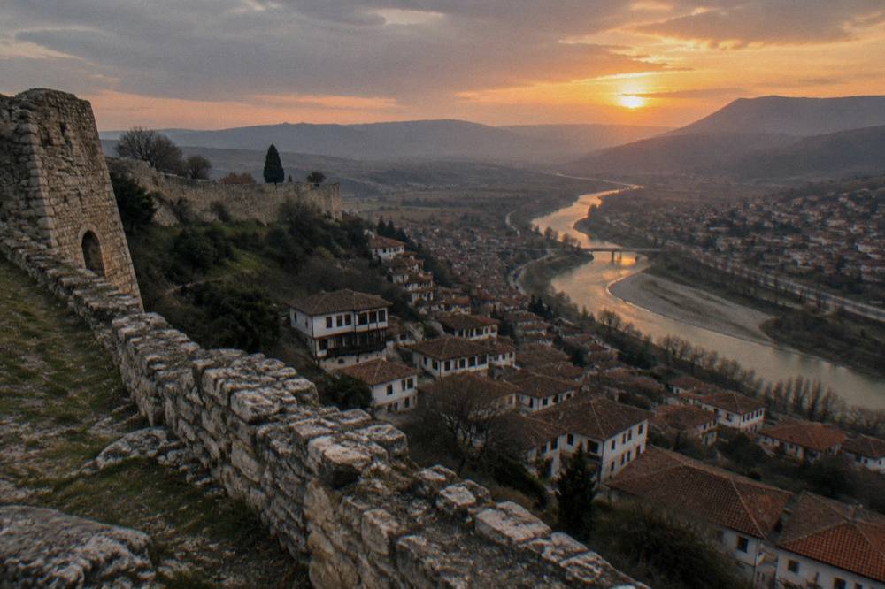 Sunset over the Osum River valley and terracotta rooftops of Berat, Albania