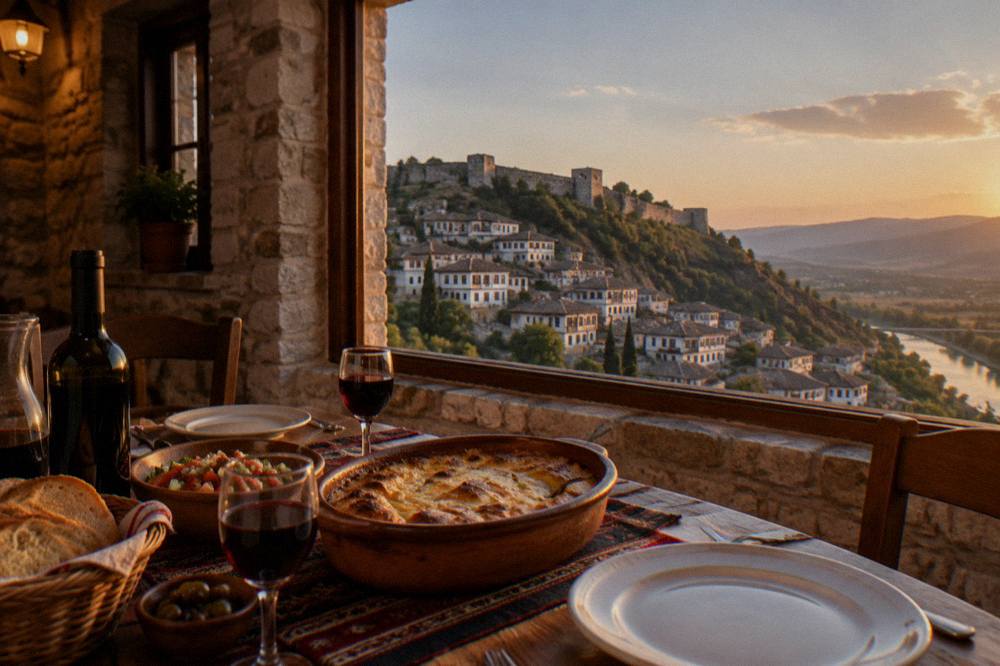 Traditional Albanian dinner table with tavë kosi and wine in a stone guesthouse dining room in Berat, Albania
