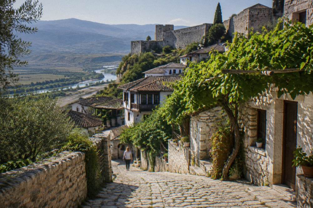 A cobbled lane inside Berat Castle with stone houses and vine covered courtyards