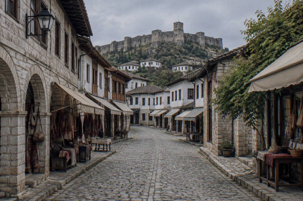 An empty cobbled lane in the old town in early morning light