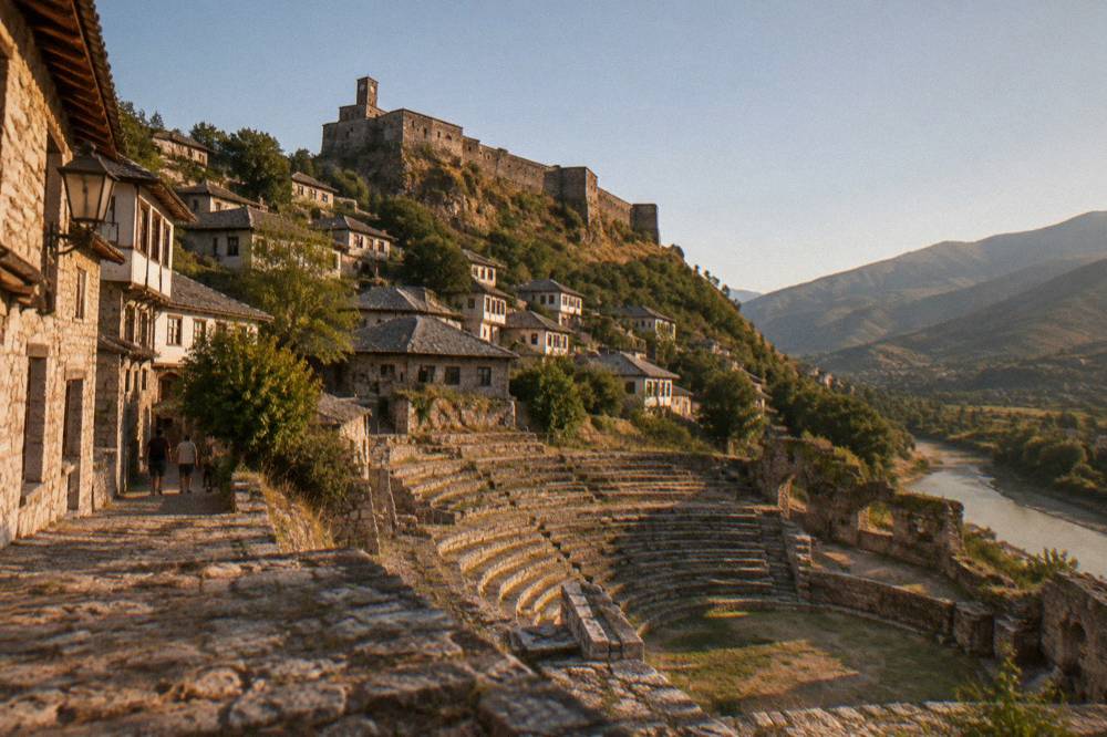 An ancient stone amphitheatre site with hills behind it under a clear sky