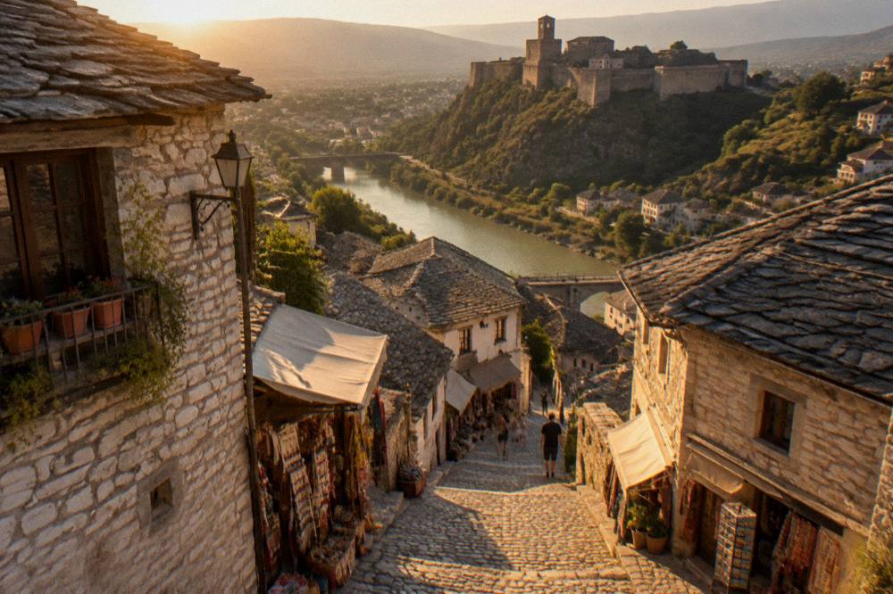 Narrow cobbled bazaar street with stone buildings and small shops
