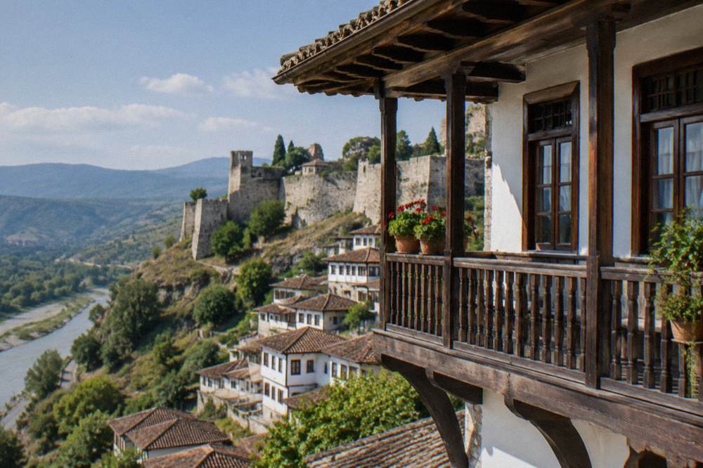 Wooden balconied facade of a traditional Ottoman house museum in Berat