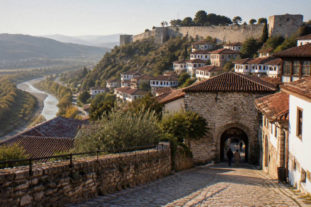 Museum entrance and stone lane with red tiled roofs in Berat