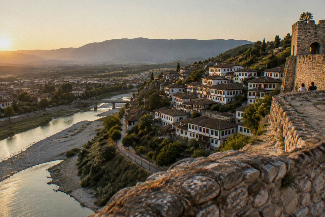 Steep hillside of white Ottoman houses with rows of windows above the Osum River in Berat