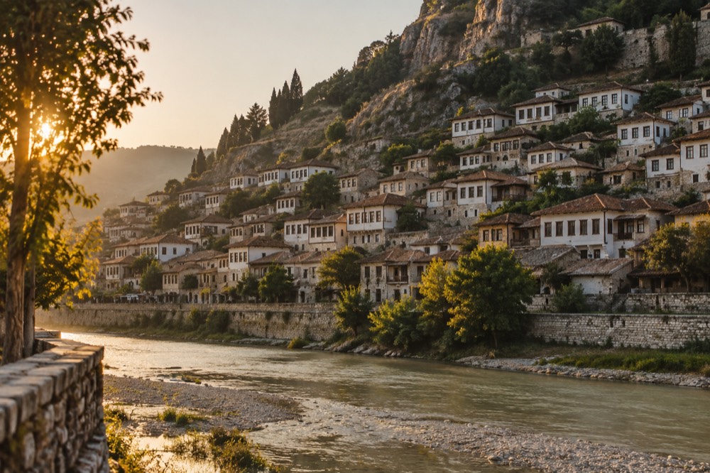 Berat's white Ottoman houses seen across the Osum River from Gorica