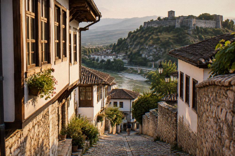 Narrow cobbled street lined with white Ottoman houses with many windows