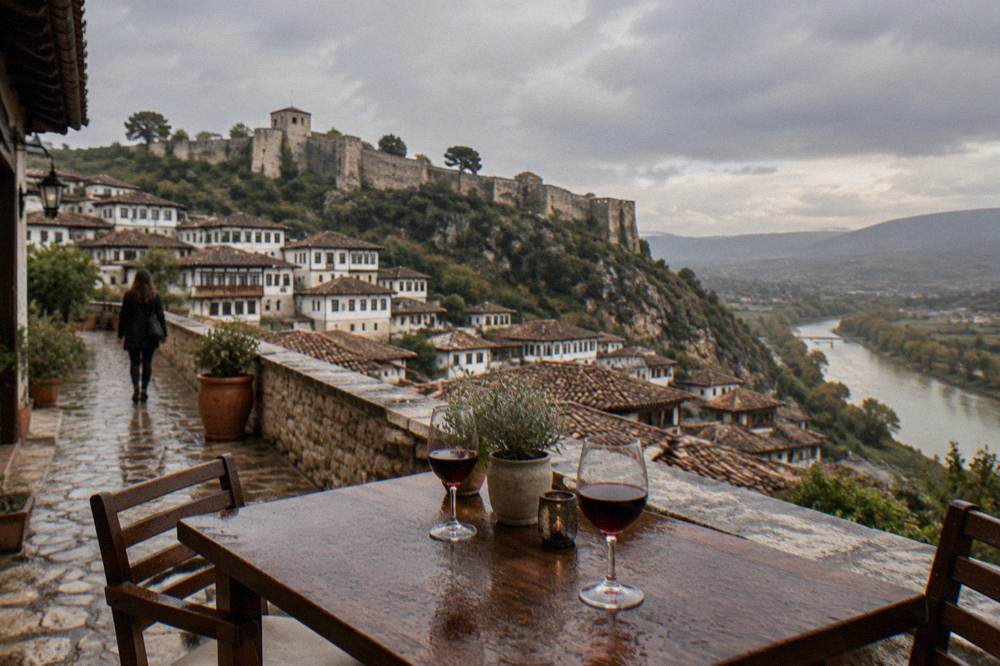 Rooftop terrace table set with glasses of red wine above a historic town
