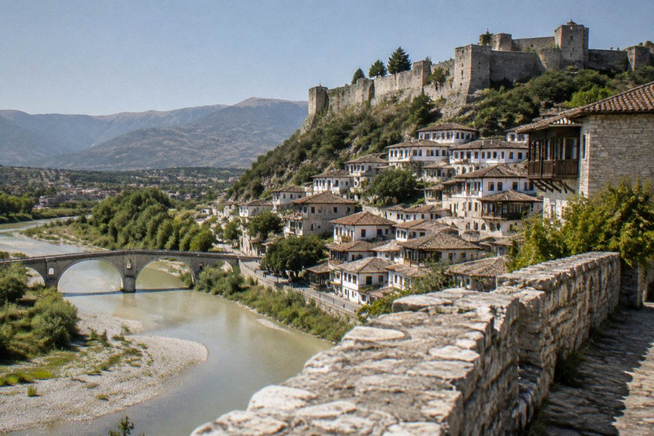 Old stone houses stacked on a hillside above a river town with a stone bridge