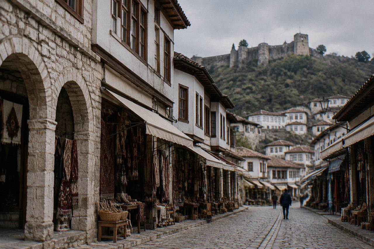 Row of stone houses with wooden-framed windows above a cobbled street in the old town of Berat