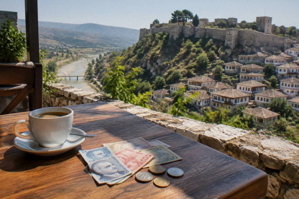 Albanian lek banknotes and coins on a wooden cafe table beside a cup of coffee