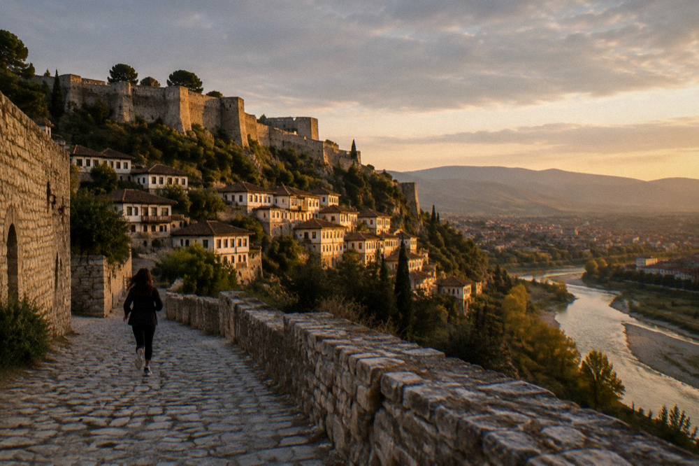 Sunlight over the rows of windows across the hillside of Berat at golden hour