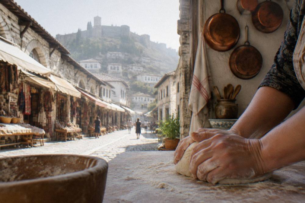 Hands kneading dough on a floured wooden board in a rustic Albanian home kitchen with copper pans on the wall