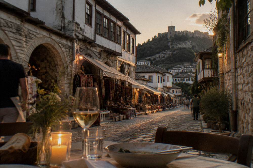 A candlelit table set for dinner on a stone terrace beneath Ottoman-era houses with many windows