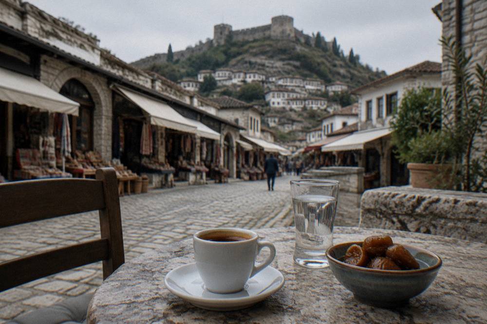 A café table with a small cup of espresso, a glass of raki and a bowl of preserved figs on a stone terrace