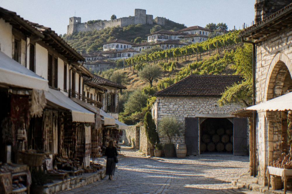 Rows of grapevines on a sunny hillside above a stone winery building with barrels visible through an open door