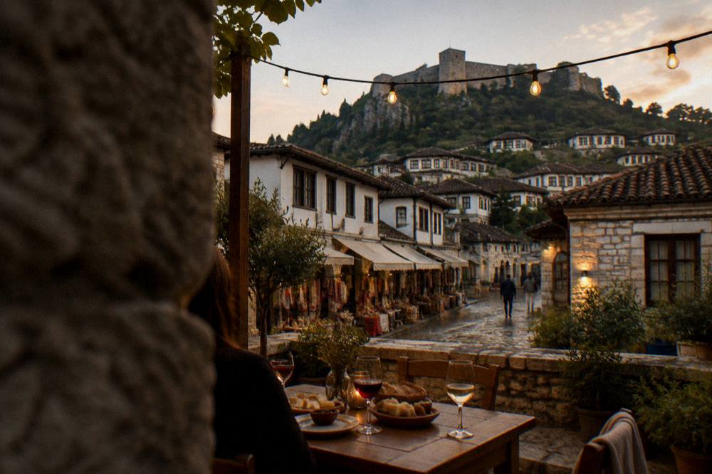 An outdoor table with glasses of red and white wine and plates of cheese under strings of lights in a stone courtyard at dusk