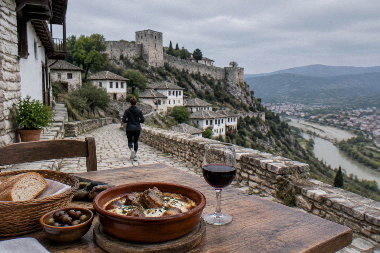 A rustic wooden table in a Berat restaurant set with a lamb and yogurt casserole, fresh bread, olives and a glass of red wine