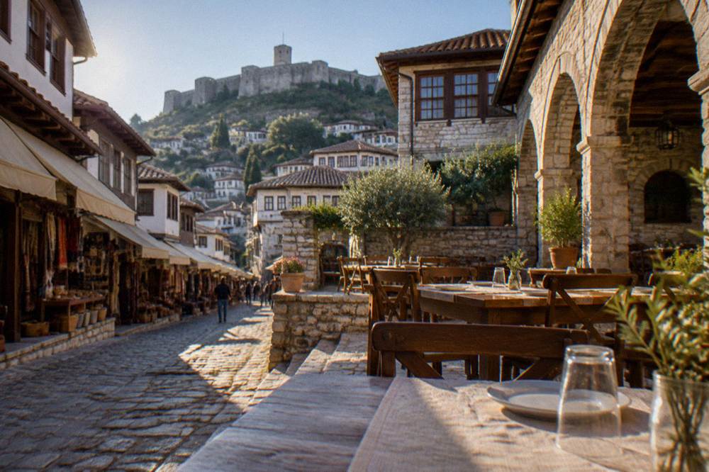Stone guesthouse courtyard with wooden tables set for dinner below old Ottoman houses