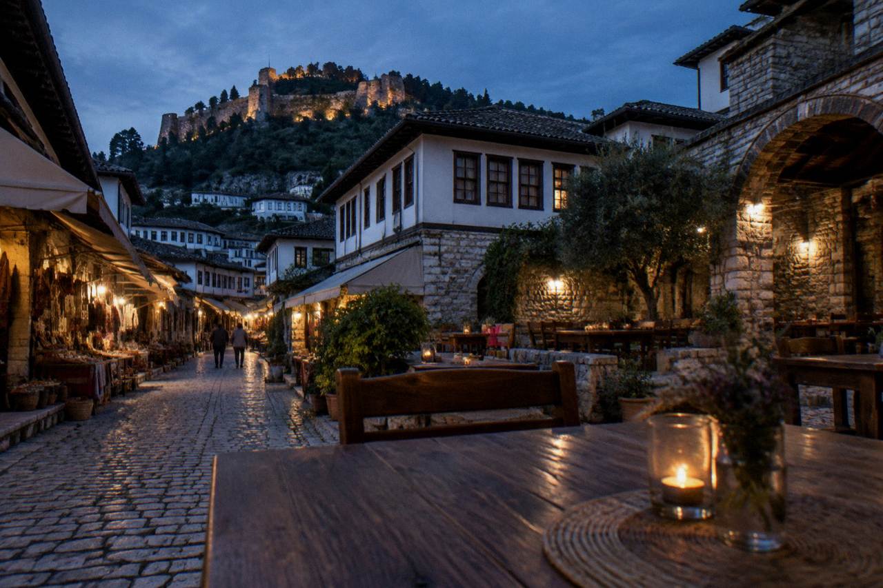 Stone guesthouse courtyard with wooden tables set for dinner below old Ottoman houses