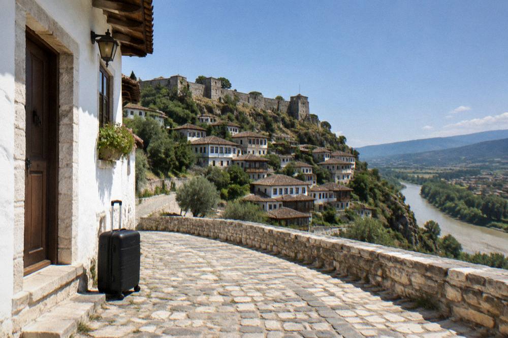 Suitcase resting on a cobbled street beside a white guesthouse door in Berat