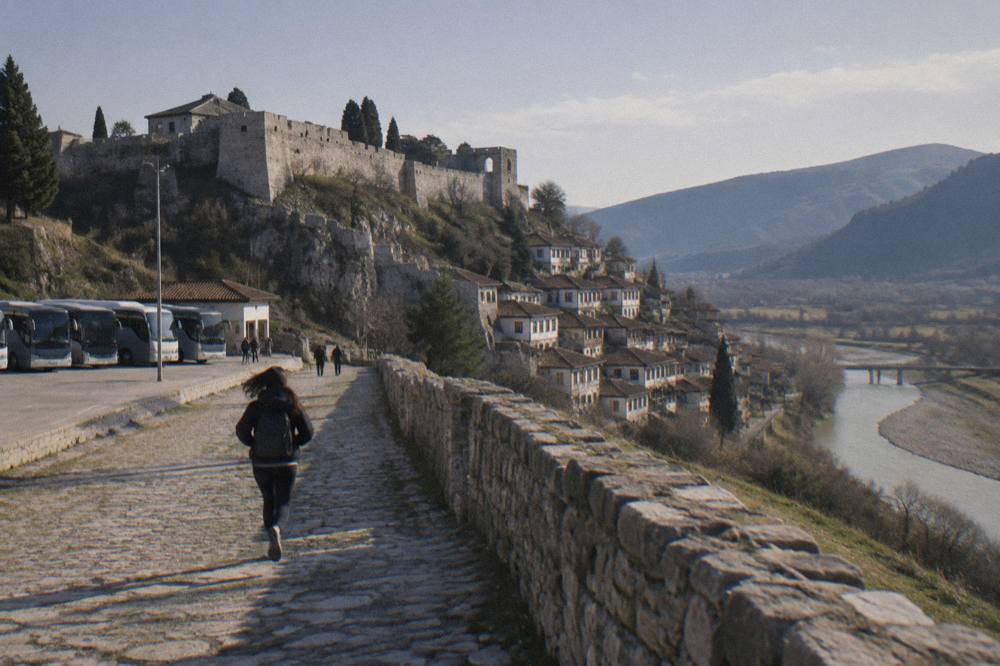 Buses parked at a small terminal on the outskirts of Berat with hills behind