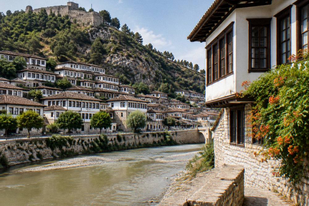 Morning view along the Osum River with Berat's white houses rising on both banks