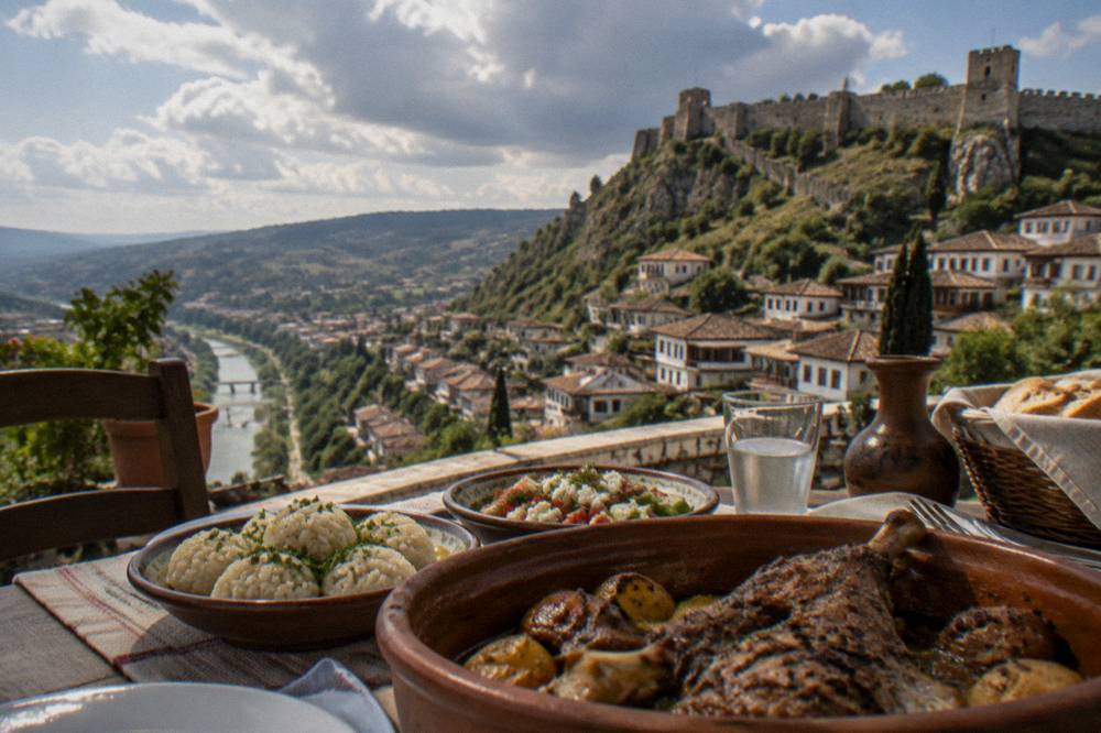 A table of traditional Albanian dishes with rice dumplings and baked lamb in a small restaurant