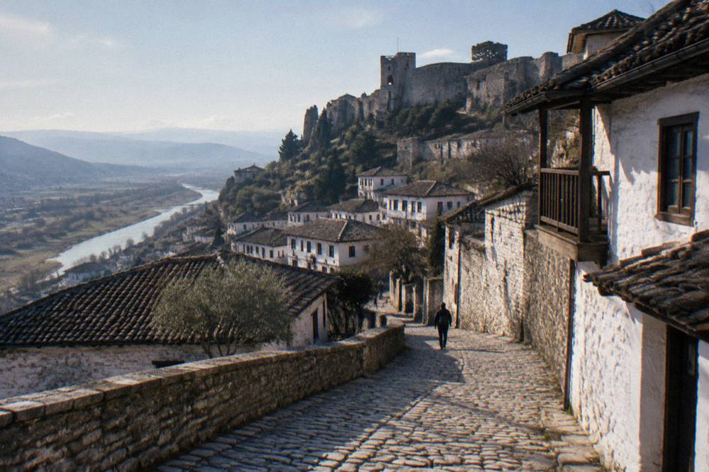 Cobblestone street climbing between whitewashed houses beneath the castle walls of Berat