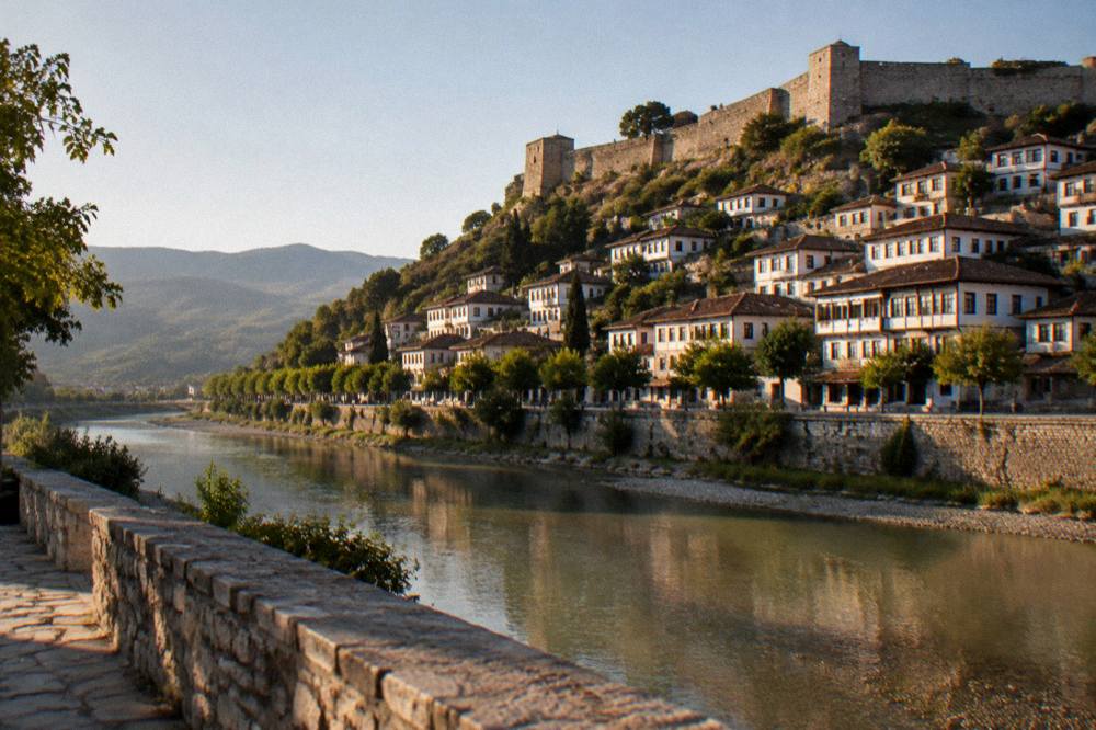 Riverside promenade in Berat at dusk with white houses glowing above the calm Osum River
